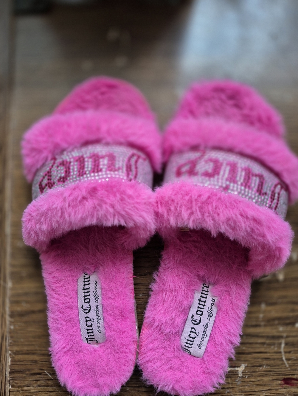 Juicy Couture Bright Pink Fuzzy Rhinestone Logo Slide Sandals